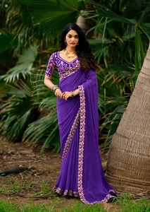 Saree indien traditionnel élégant avec broderie lourde et chemisier assorti pour mariage et fête - Product Image 3