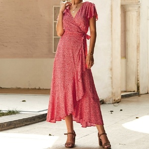 Robe décontractée sexy à manches courtes et col en V, imprimé floral bohème, écologique, respirante, longueur cheville, grande taille (XL) - Product Image 3