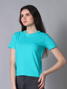 Camisetas personalizadas de algodón 100% para mujer, Camiseta básica de manga corta con cuello redondo verde marino, estampado ecológico disponible informal comprimido - Product Image 5