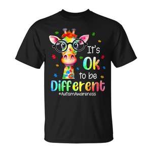T-shirt con giraffa per la consapevolezza sull'autismo - Simpatica maglietta con stampa 'È Ok essere diversi' per promozioni - Product Image 1