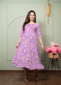 Stylish New Ethnic Wear New Women's Printed Check Hand Block Printed Long Anarkali Gown <b>Dress</b> Neck Party <b>Dress</b> - Product Image 5