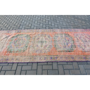 Vintage 4x10.5 ft <b>Rug</b>, <b>Runner</b> Turkish <b>Rug</b>, Orange Ikat Wool <b>Rug</b> - Product Image 3