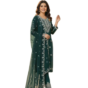 Ensemble Salwar Kameez en Soie Pure Romaine avec Broderie Lourde, Coupe Droite, Tailles M à XXL, Bordure Tendance, et Dupatta – Collection SIE - Product Image 1