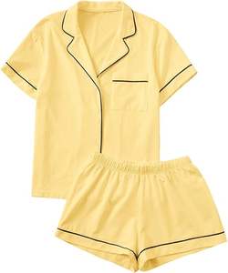 Pijama de dos piezas de algodón con cuello entallado y manga corta para mujer - Product Image 3