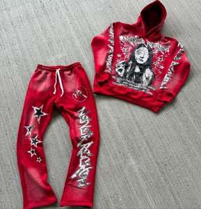 High Quality Full Zip US Washed Two Piece Hoodie and Flare Pants <b>Set</b> Acid Wash Embroidered Sweat Suit Trending Unisex Tracksuit - Product Image 2