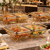 Plat de service en verre 4,5 L avec cadre en acier inoxydable doré, chauffe-plat à alcool pour buffet, idéal pour hôtels, restaurants et traiteurs (vente en gros)