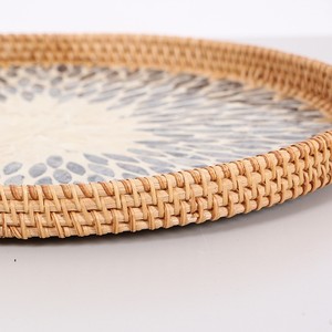 Eco Friendly Handmade Mother Of Pearl With Rattan Serving <b>Tray</b> Round Blue White Radial Pattern Bulk For <b>Kitchen</b> Dining Tabletop - Product Image 5