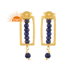 Meilleure qualité de boucles d'oreilles en argent sterling plaqué or 18 carats en lapis lazuli naturel perlé avec pierres précieuses Demi Fine Jewelry Manufacturer - Product Image 1