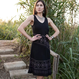 Vestido Midi Bohemio en Línea A, Negro, Sin Mangas, Bordado Étnico Geométrico, Estampado Tribal, Escote en V, Algodón Suave y Ligero, Maxi - Product Image 1