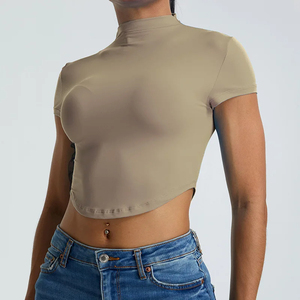 Mujer Fitness Top cuello alto secado rápido Yoga correr deportes manga corta Camiseta gimnasio entrenamiento - Product Image 2