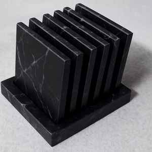 Travertine Marble <b>Coaster</b> Set With Holder White <b>Black</b> Stone Drink <b>Coasters</b> Custom Design - Product Image 4