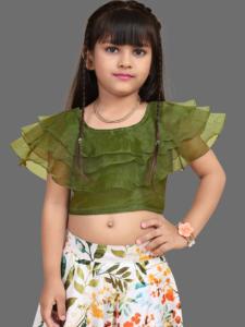 Shoryam Fashion, Lehenga Choli traditionnel indien pour enfants, entièrement cousu, longueur au sol, vert et blanc, motif floral, été, festival, mariage - Product Image 3