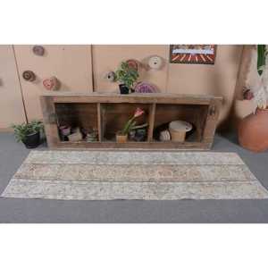 Tapis en laine turque vintage de 2.3x7,5 pieds, tissage à plat en patchwork beige et bleu pour les décorations de salon avec support en latex - Product Image 4