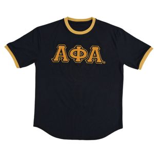 <b>Black</b> Cotton Premium Ringer T-<b>Shirt</b> | Men's Fraternity Curved Hem <b>Shirt</b> with Chenille Embroidery Letters Greek Apparel - Product Image 1