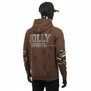 380GSM Tissu Polaire de Qualité Supérieure Marron Style Détruit avec Panneau de Coude Camouflage Logo Brodé Personnalisé Hommes Basics Hoodie - Product Image 4