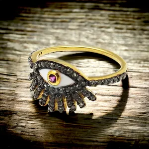 फैशन महिलाओं आंख आकार प्रशस्त सेट सोना मढ़वाया काले रोडियाम हीरा जड़ना रूबी अंगूठी गहने विंटेज 925 चांदी थोक के छल्ले