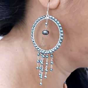 Gray Freshwater Pearl <b>Hoop</b> <b>Earrings</b>: 925 <b>Sterling</b> <b>Silver</b> Dangle Drop - Product Image 1