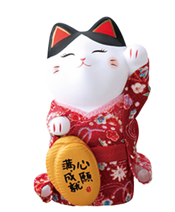 Chat porte-bonheur Chat faisant signe Figurine en poterie Japon Kimono traditionnel - Product Image 4