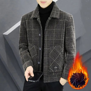 Veste d'hiver en laine à col pour hommes, manteau de costume coupe ajustée à la mode, veste coréenne décontractée à carreaux avec plusieurs poches, vestes pour hommes, vente en gros - Product Image 3