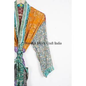 High Quality Handmade Long <b>Silk</b> Sari Vintage Patchwork <b>Kimono</b> Bridesmaid Robes Women's Nightwear Dress Set Free Size - Product Image 3