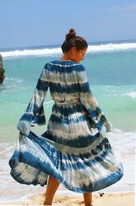 Hermoso escote en V mangas completas largo Tie Dye estampado Floral patrón hasta el suelo Maxi Natural para mujeres para vacaciones - Product Image 2