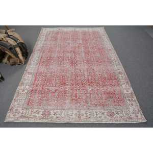 Vintage Rug 5.3x8.3 ft, <b>Red</b> White Southwestern <b>Wool</b> Turkish Rug - Product Image 1