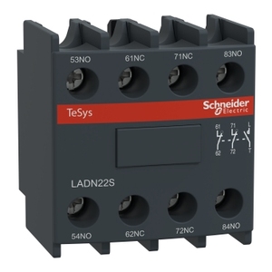 Pour SCHNEIDER ELECTRIC LADN22S TeSys D Bloc de contact auxiliaire 2NO + 2NC, bornes à vis de montage frontal, face avant rouge - Product Image 1