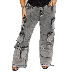 Precio al por mayor de MOQ bajo, pantalones vaqueros rasgados para mujer, pantalones vaqueros Cargo desgastados de gran tamaño, pantalones personalizados para mujer, pantalones holgados para mujer - Product Image 2