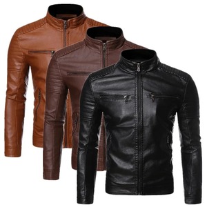 Chaqueta de Cuero para Hombre, Estilo Motero, Cuello Alto, Color Puro, Moda Urbana, para Uso Diario - Product Image 1