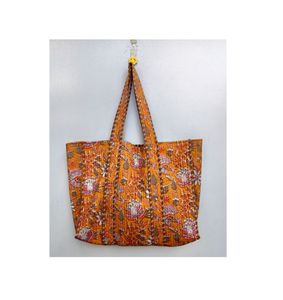 Sac fourre-tout matelassé Kantha en coton pour femmes, sacs à main de créateur à double poignée, doublure en tissu, fermeture ouverte pour le shopping en voyage - Product Image 4