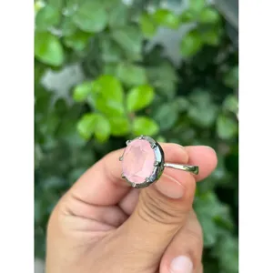10K Gold and 925 Silver Rose Quartz Cocktail <b>Ring</b> with Bezel Setting Geometric <b>Statement</b> <b>Ring</b> for Parties Rhodium Plated - Product Image 2