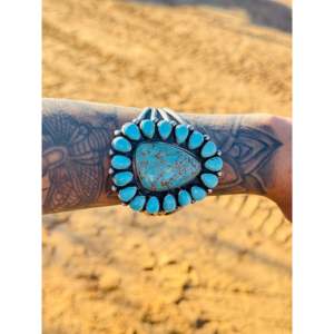 Bobby Johnson #8 Turquoise & Sterling Silver Cluster Fashion Cuff Bracelet Elegant & Stylish Accessory - Product Image 1