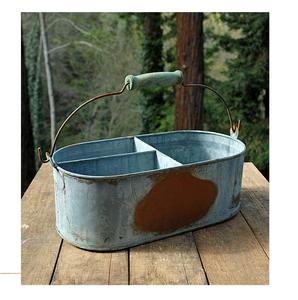 Farmhouse-Style Galvanized Iron Serving <b>Caddy</b> Wooden Handle Rustic Tabletop Organizer Featuring Oval Compartments for Cutlery. - Product Image 1
