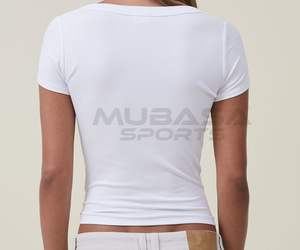 T-shirt d'été en coton personnalisé pour femmes, manches courtes, col en O, bouton en toile unie, conception chaude, haut à motif côtelé 3D - Product Image 2