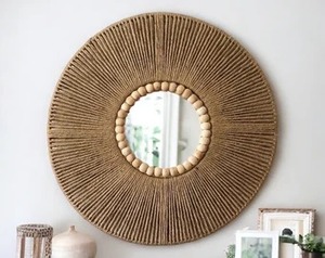 24 inch Large Coastal Boho Round Mirror with Natural Jute Metal Frame Farmhouse Wall <b>Decor</b> Bohemian Mirror - Product Image 3