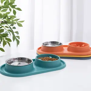 防呛可拆卸双碗设计不锈钢宠物慢速喂食器狗食水碗，带防滑硅胶垫