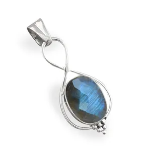 Collar de piedras preciosas de labradorita ovalada facetada de Plata de Ley 925, colgante de collar de diseñador, joyería para mujer