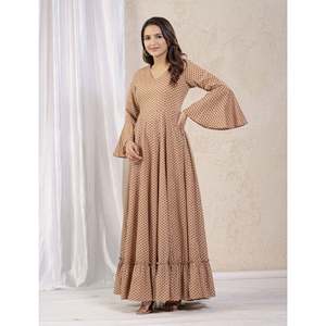 Vestido Largo Estampado de Algodón en Tonos Pastel Oscuros, Casual y Elegante, Talla XS, Largo hasta la Rodilla, Decoración Drapeada, Transpirable, Cintura Natural - Product Image 4