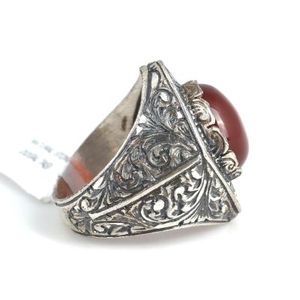 Men's Rhodium-Plated 925 Sterling Silver Oval-Cut Geometric Engraved Oval Cut Agate <b>Ring</b> for Everyday Wear - Product Image 3
