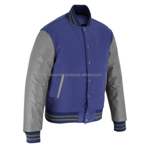 2026 <b>Men's</b> Premium Blue <b>Fleece</b> Varsity Jacket With <b>Grey</b> Leather Sleeves Multi Color Trims Design Letterman Winter Heated Jackets - Product Image 5