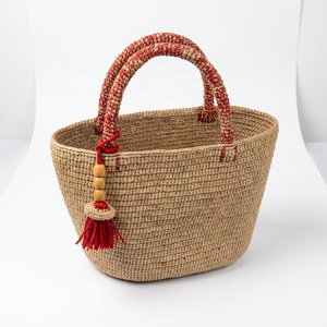 Sac fourre-tout bohème géométrique avec pompon rouge, deux poignées, ouverture supérieure, écologique, style estival, sac à bandoulière pour femme - Product Image 3