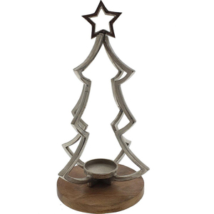 Porte-bougie chauffe-plat étoile unique en aluminium argenté sur base en bois de mangue – Décoration intérieure et décorations de Noël - Product Image 2