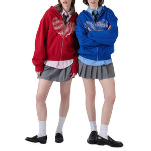 Sweat à capuche ample à fermeture éclair avant et arrière de haute qualité, épaules tombantes, imprimé cœur, manches longues, polaire, pour femmes - Product Image 1