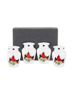 Petites urnes souvenir d'oiseau cardinal | pour les cendres humaines | Fabriquées à la main | Mini urne ensemble de 4 avec boîte de qualité supérieure et entonnoir - Product Image 1