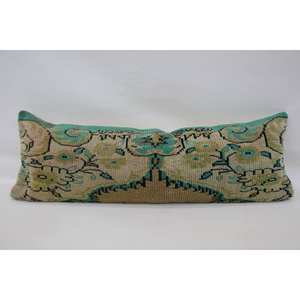 Beige 16x48 Inch Wool Kantha <b>Pillow</b> Vintage Pattern Paisley Patchwork Woven Technique - Product Image 1