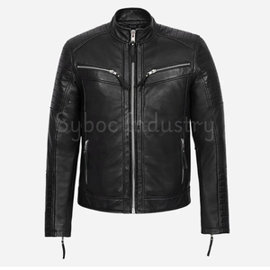 แจ็กเก็ตไบค์เกอร์หนังสีดำสำหรับผู้ชายใหม่สไตล์คาเฟ่นักแข่งเสื้อแจ็กเก็ตมอเตอร์ไซค์หนังแกะแท้แจ็คเก็ตบุไหล่สำหรับเด็กผู้ชาย - Product Image 1