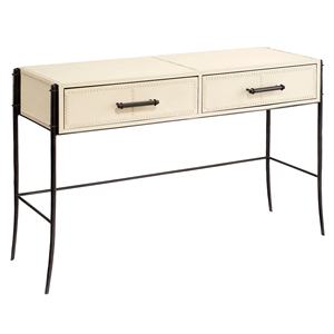 Table console en fer design industriel moderne cuir véritable métal deux tiroirs finition blanc noir pour villa hôtel salon - Product Image 1