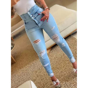 Jeans de mujer con cintura alta y botones al frente con detalles rasgados, 27090 - Product Image 1