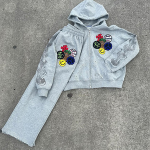 Conjunto de Sudadera con Capucha y Pantalones Acampanados de Algodón con Cremallera, Estampado Personalizado, Transpirable, de Alto Gramaje, con Lavado Ácido, para Mujer, Tallas Grandes, Venta al por Mayor - Product Image 1
