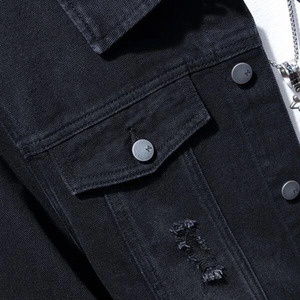 Venta al por mayor Boy Denim Jacket Men Solid Ripped Button up Flap Detail Black Denim Jacket - Product Image 4